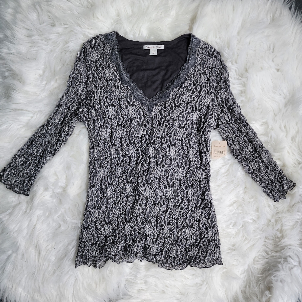 NWT  BLACK AND WHITE LACE V NECK SWEATER BY COLDWATER CREEK ~ SIZE XS/4